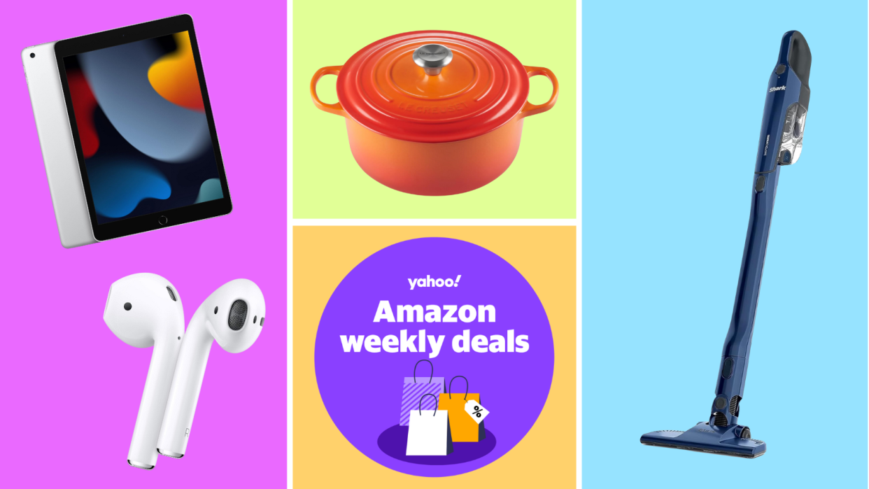 Apple iPad, Apple AirPods, Le Creuset Dutch oven, Shark stick vacuum and a purple circle that reads: Yahoo! Amazon weekly deals
