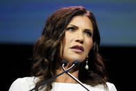 South Dakota Gov. Kristi Noem speaks during the Family Leadership Summit, Friday, July 16, 2021, in Des Moines, Iowa. (AP Photo/Charlie Neibergall)