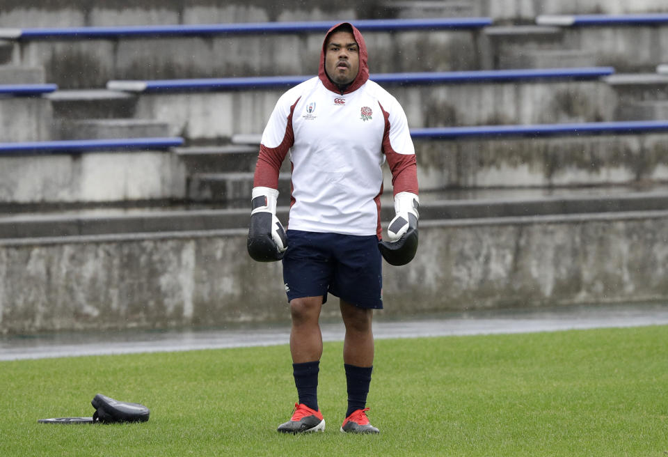 England's Kyle Sinckler prepares for boxing during a training session in Tokyo, Japan, Tuesday, Oct. 29, 2019. England will play South Africa in the Rugby World Cup final on Saturday Nov. 2. in Yokohama. (AP Photo/Mark Baker)