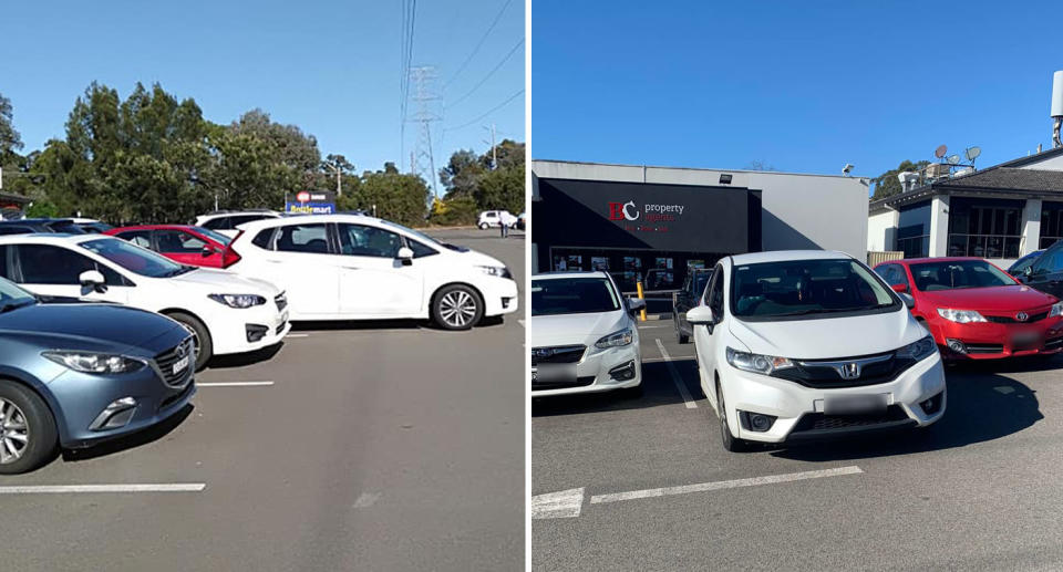 Honda hatchback parked incorrectly in car park