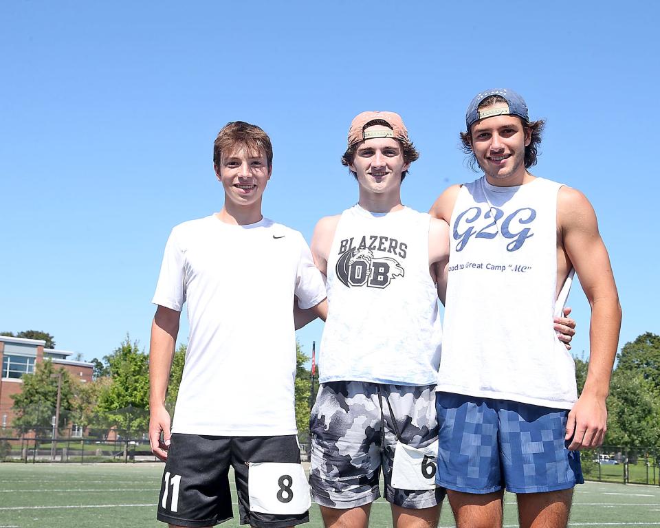 Senior Nick Oravitz, senior Mason Lemieux, and junior Jacob Riker will be the captains for Hingham boys soccer during a scrimmage at practice at Hingham High as they get ready for the upcoming season on Tuesday, Aug. 22, 2023.