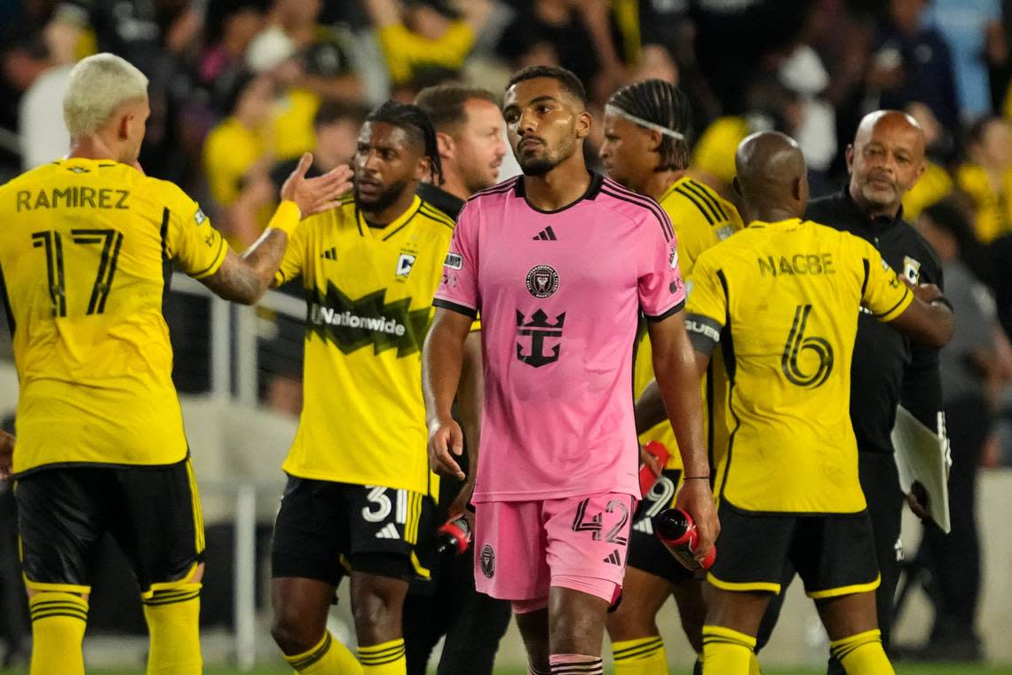 Aug 13, 2024; Columbus, Ohio, USA; Inter Miami CF defender Yannick Bright (42) walks off the pitch as the Columbus Crew celebrate following the Leagues Cup round of 16 game at Lower.com Field. The Crew won 3-2.