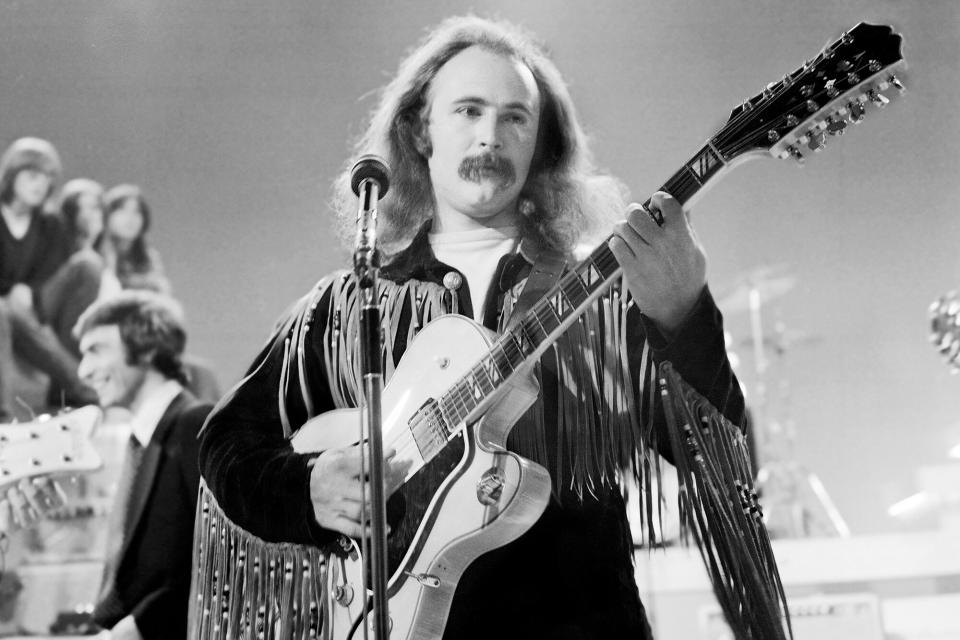 Rock musician David Crosby of Crosby Stills Nash and Young performs during rehearsals on the premiere episode of the television show Music Scene on September 22, 1969 in Los Angeles, California.
