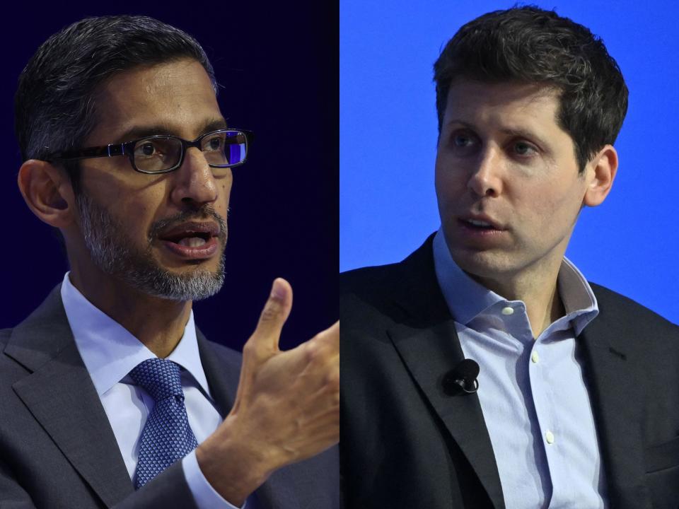 Das KI-Wettrüsten zwischen Google-CEO Sundar Pichai (links) und OpenAI-CEO Sam Altman (rechts) spitzt sich zu. - Copyright: Getty Images