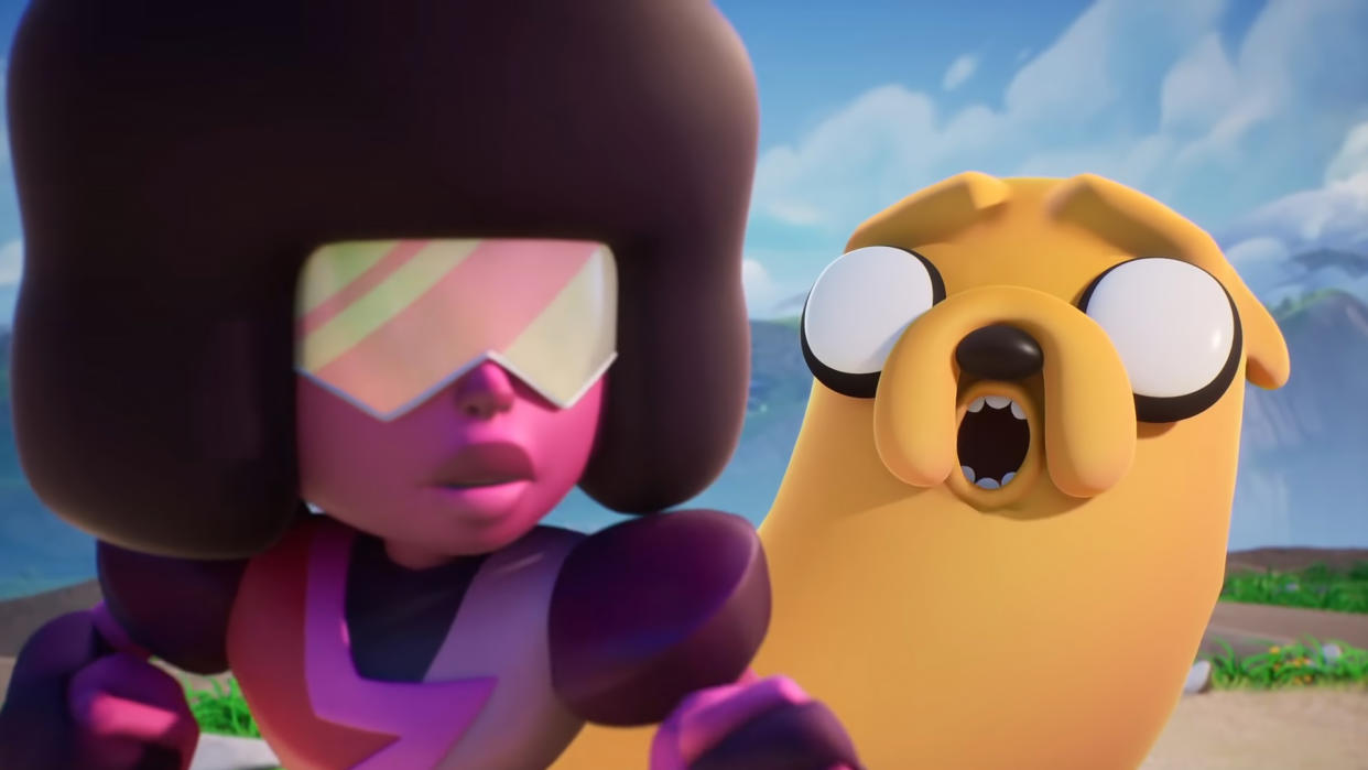  Steven Universes' Garnet and Adventure Times Jake face the camera in MultiVersus trailer. 