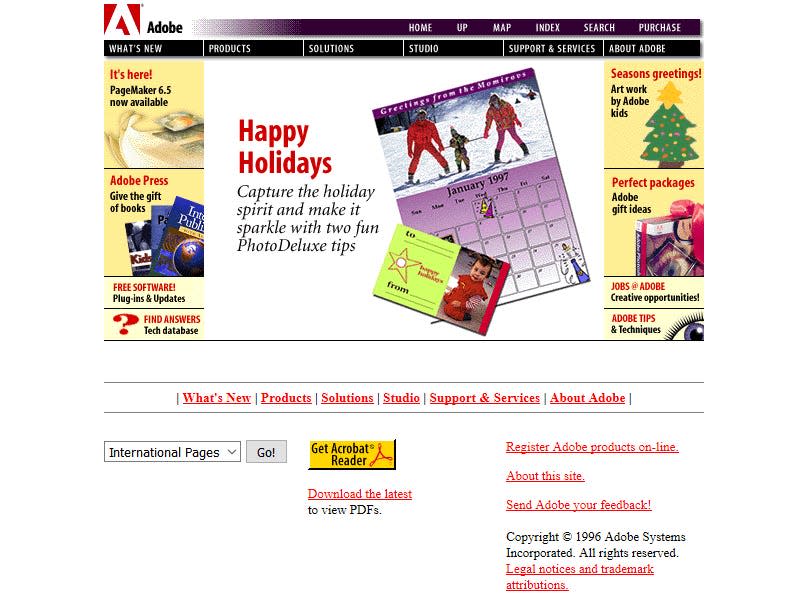 a calendar, yellow sidebars, and the words happy holidays on the Adobe website in 1996