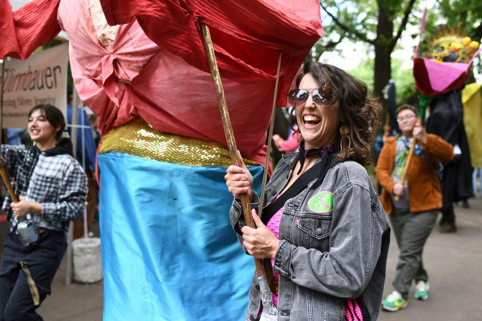 Rachel Milford with the Cattywampus Puppet parade during the Rossini Festival on Sunday, April 21, 2024 in Knoxville, Tenn.