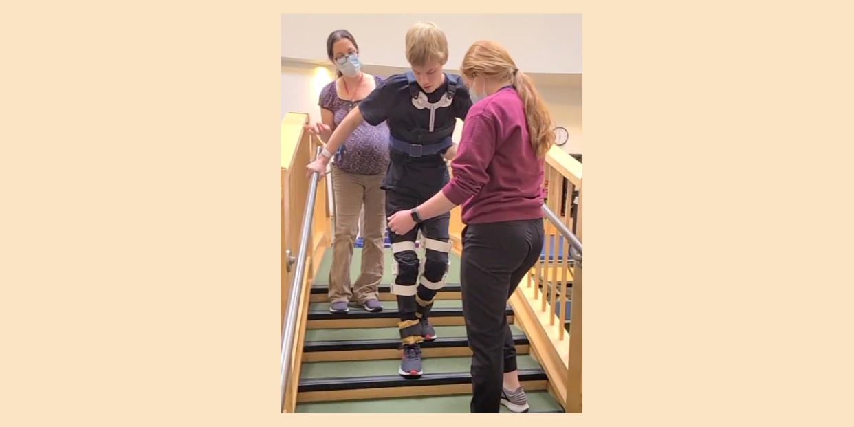 Kyle Koehn learns to walk again alongside staff at Ranken-Jordan Pediatric Bridge Hospital in St. Louis, Missouri. (KSDK)