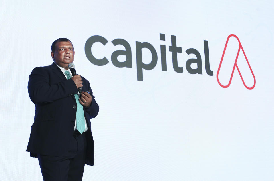 Capital A Chief Executive Tony Fernandes speaks during an event for AirAsia changing its name to Capital A in Kuala Lumpur, Malaysia, Friday, Jan. 28, 2022. AirAsia Group, the listed holding company, has changed its name to Capital A to reflect its diversified business portfolio. (AP Photo)