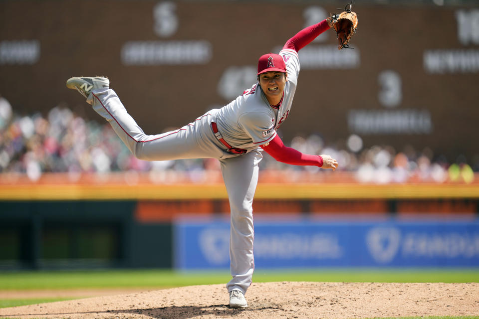 FILE - Los Angeles Angels pitcher Shohei Ohtani throws against the Detroit Tigers in the fourth inning during the first baseball game of a doubleheader, Thursday, July 27, 2023, in Detroit. Shohei Ohtani has been named The Associated Press' Male Athlete of the Year for the second time in three years. (AP Photo/Paul Sancya, File)