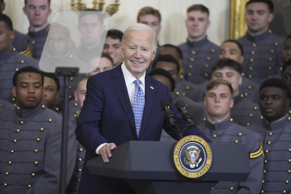 President Joe Biden speaks during an event to present the Commander-in-Chief's Trophy to the United States Military Academy Army Black Knights, in the East Room of the White House, Monday, May 6, 2024, in Washington. (AP Photo/Evan Vucci)