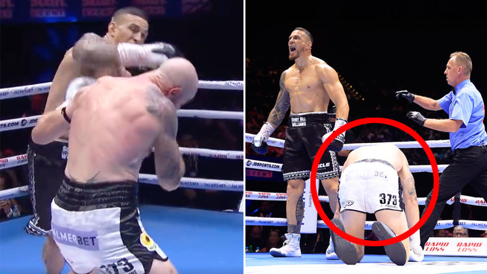 Sonny Bill Williams is seen here beating Barry Hall in the first round of their boxing bout.