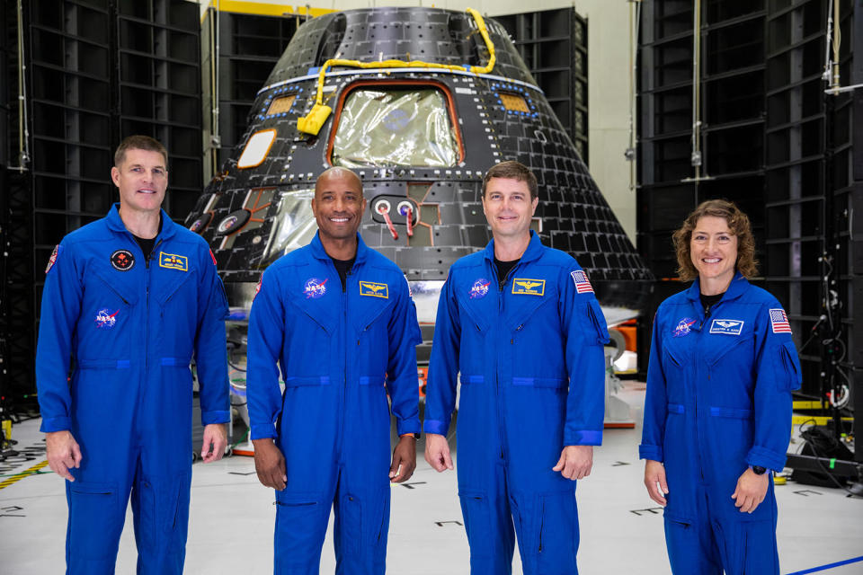 The Artemis 2 crew and the Orion spacecraft that will take them around the moon and back in September 2025 (left to right): Jeremy Hansen, Victor Glover, Commander Reid Wiseman and Christina Koch.  Hansen is a Canadian astronaut making his first flight.  His three NASA crew members are space veterans.  /Credit: NASA