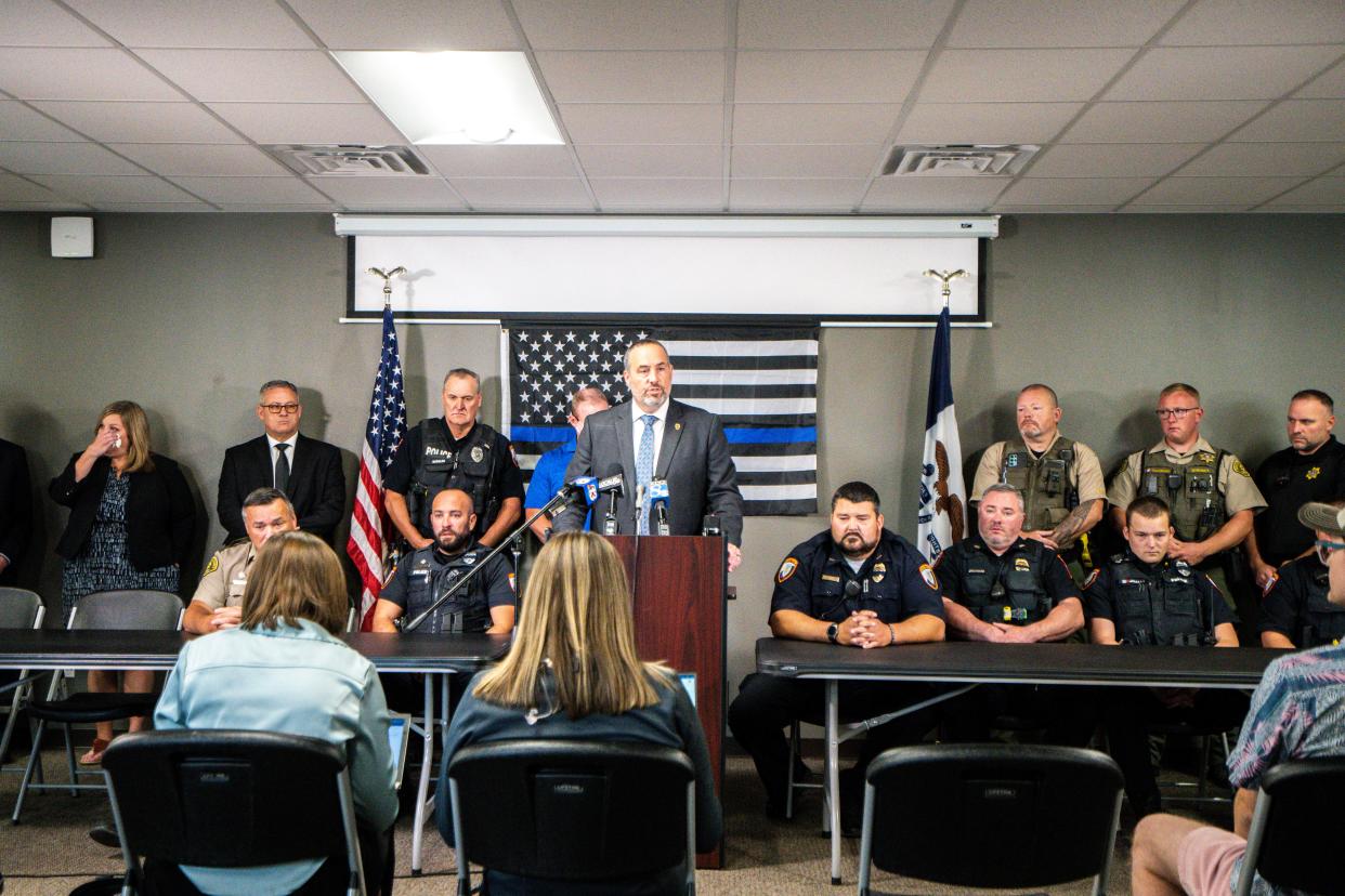 Iowa Department of Public Safety Stephan Bayens speaks during a press conference at the Kossuth County Election Center on Thursday, September 14, 2023 in Algona.