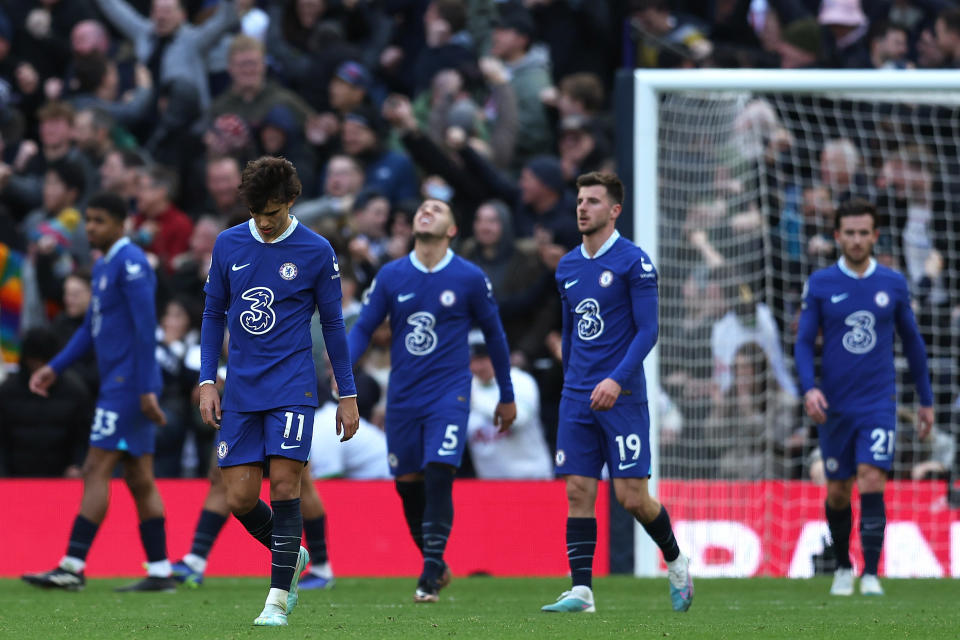 LONDON, ENGLAND - FEBRUARY 26: Joao Felix and Mason Mount of Chelsea look dejected after the Tottenham Hotspur second goal scored by Harry Kane (not pictured) during the Premier League match between Tottenham Hotspur and Chelsea FC at Tottenham Hotspur Stadium on February 26, 2023 in London, England. (Photo by Chris Lee - Chelsea FC/Chelsea FC via Getty Images)