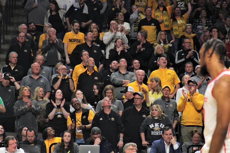 NKU fans react as Northern Kentucky fell to Houston 63-52 in the first round of the NCAA Tournament March 16, 2023, at Legacy Arena, Birmingham, Alabama.