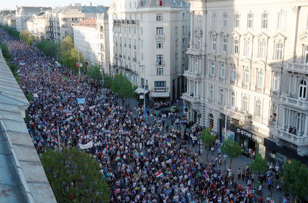 People attend a protest against the government of Prime Minister Viktor Orban in Budapest, Hungary, April 21, 2018. REUTERS/Bernadett Szabo