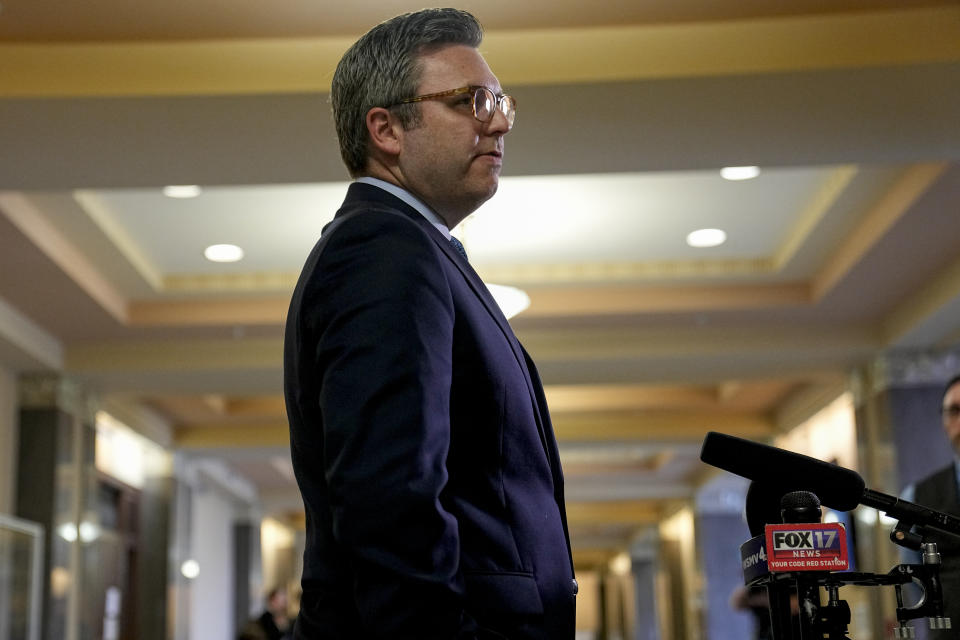 Covenant School parent Brent Leatherwood addresses the media after a hearing to decide whether documents and journals of a Nashville school shooter can be released to the public Tuesday, April 16, 2024, in Nashville, Tenn. (AP Photo/George Walker IV)