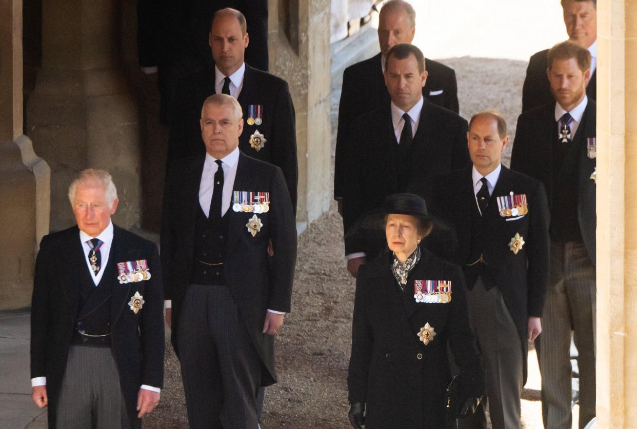 Prince Charles, Prince Andrew, Princess Anne, Prince William, Earl of Snowdon David Armstrong-Jones, Peter Phillips, Prince Edward, Prince Harry and Vice-Admiral Sir Timothy Laurence before the funeral.