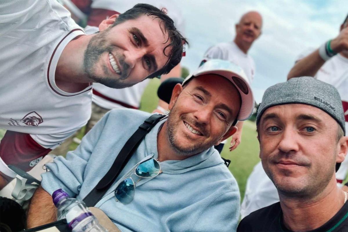 Tom Felton reunites with his Harry Potter co-star Matthew Lewis and stuntman David Holmes at a charity cricket match