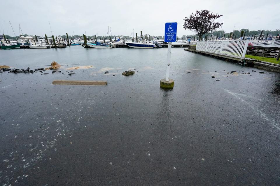 A marina parking lot flooded.