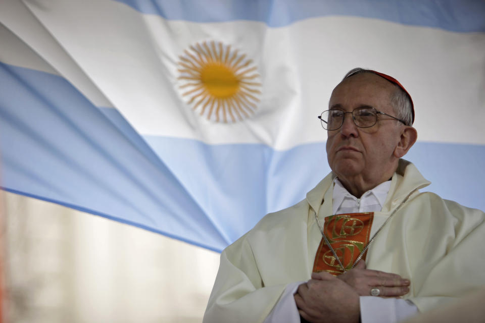 �:FILE - This Aug. 7, 2009 file photo shows Argentina's Cardinal Jorge Bergoglio giving a mass outside the San Cayetano church in Buenos Aires. Bergoglio, who took the name of Pope Francis, was elected on Wednesday, March 13, 2013 the 266th pontiff of the Roman Catholic Church. (AP Photo/Natacha Pisarenko, files)