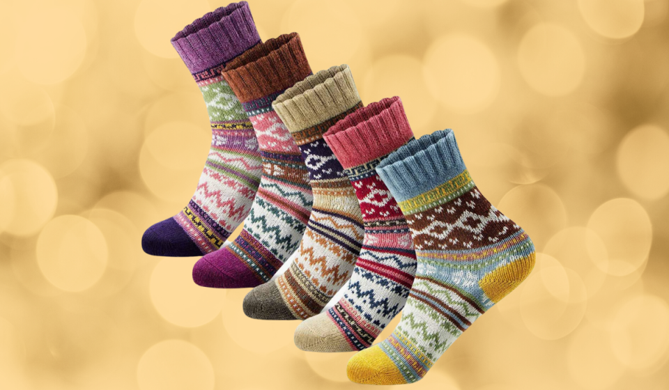 five pairs of colorful wool socks