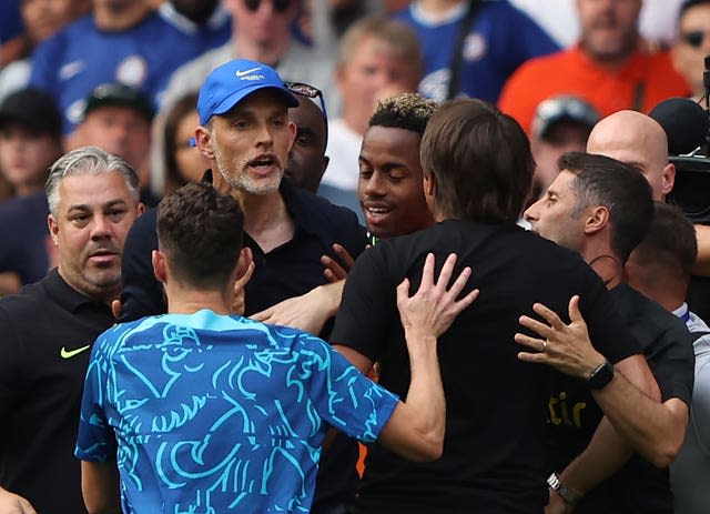 Chelsea’s head coach Thomas Tuchel argues with Tottenham’s head coach Antonio Conte during the draw at Stamford Bridge. 