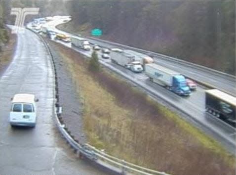 An Oregon Department of Transportation traffic camera shows southbound I-5 traffic backed up south of Cottage Grove on Friday, March 24, 2023.