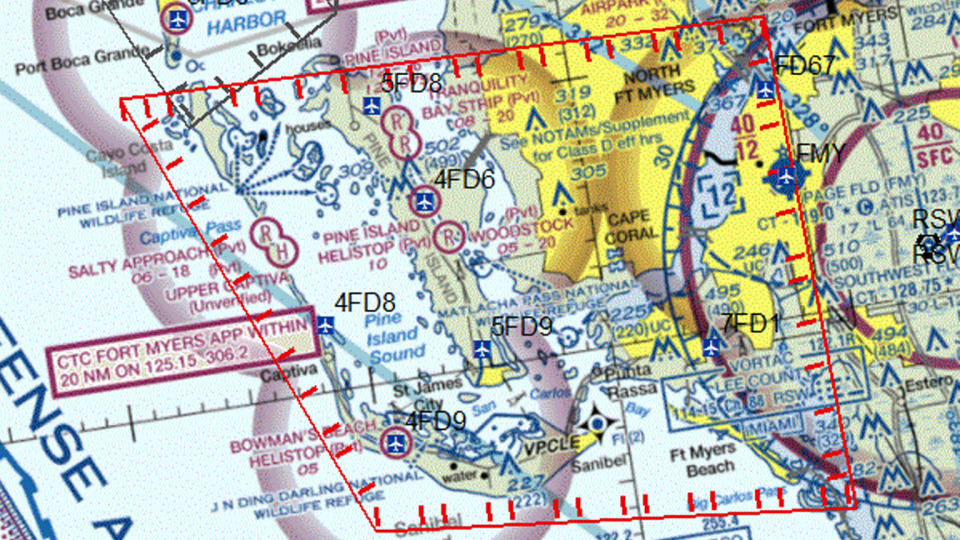 The Federal Aviation Administration put a temporary flight restriction on this area — outlined in red — of Fort Myers, Fla., on Friday.  