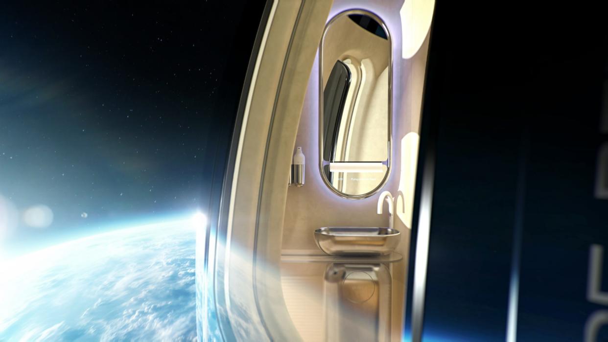  A bathroom inside a large tourist balloon at the edge of space. 