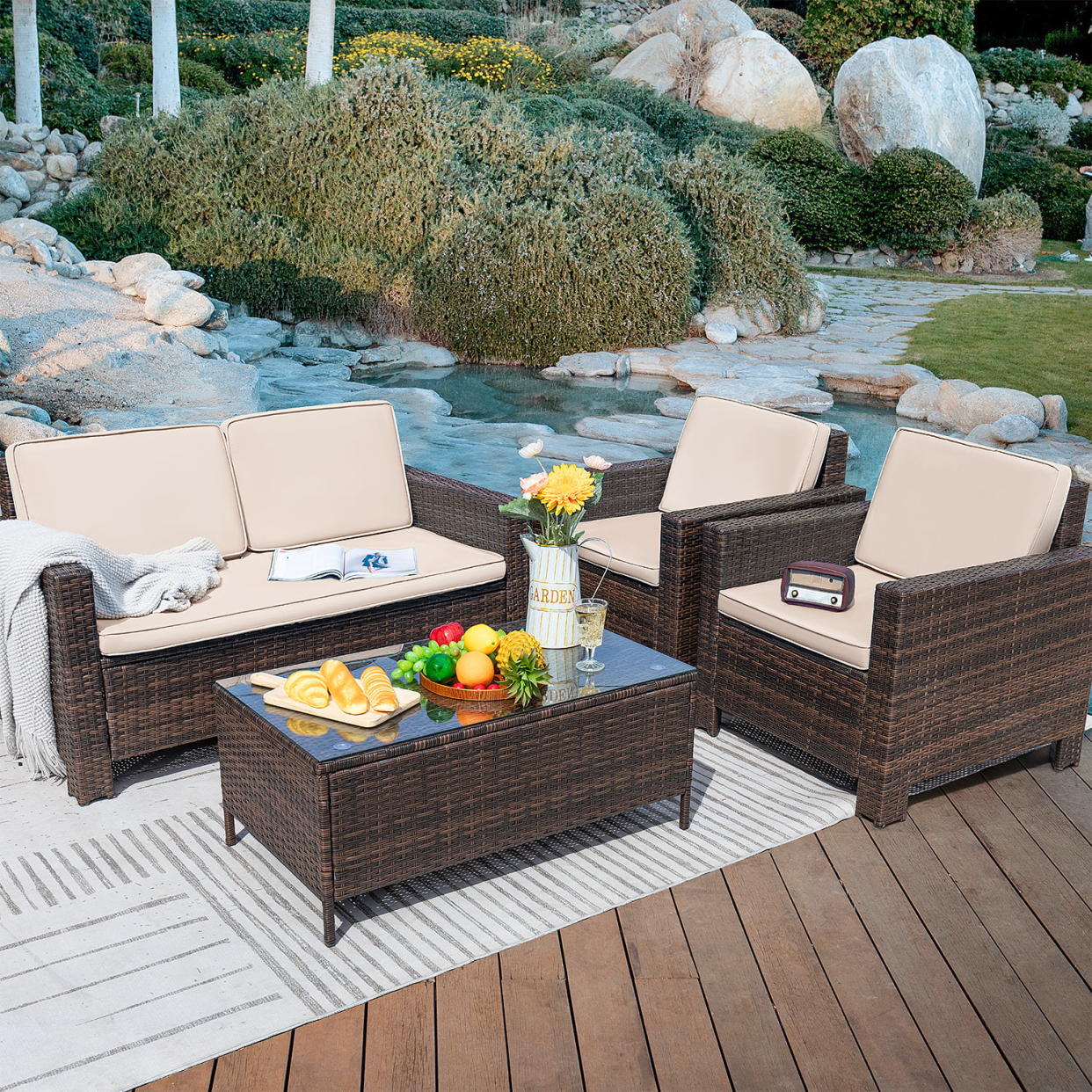 <p><a href="https://go.redirectingat.com?id=74968X1596630&url=https%3A%2F%2Fwww.walmart.com%2Fip%2FLacoo-4-Pieces-Patio-Furniture-Sets-Rattan-Chair-Wicker-Conversation-Sofa-Set-Outdoor-Backyard-Porch-Garden-Poolside-Balcony-Use-Furniture-Beige%2F313642214&sref=https%3A%2F%2Fwww.housebeautiful.com%2Fshopping%2Ffurniture%2Fg44093935%2Fbest-patio-furniture-sets%2F" rel="nofollow noopener" target="_blank" data-ylk="slk:Shop Now;elm:context_link;itc:0;sec:content-canvas" class="link rapid-noclick-resp">Shop Now</a></p><p>Lacoo 4 Pieces Patio Furniture Set</p><p>$339.99</p><p>walmart.com</p><span class="copyright">Walmart</span>