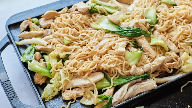 At-Home Chicken Yakisoba on griddle