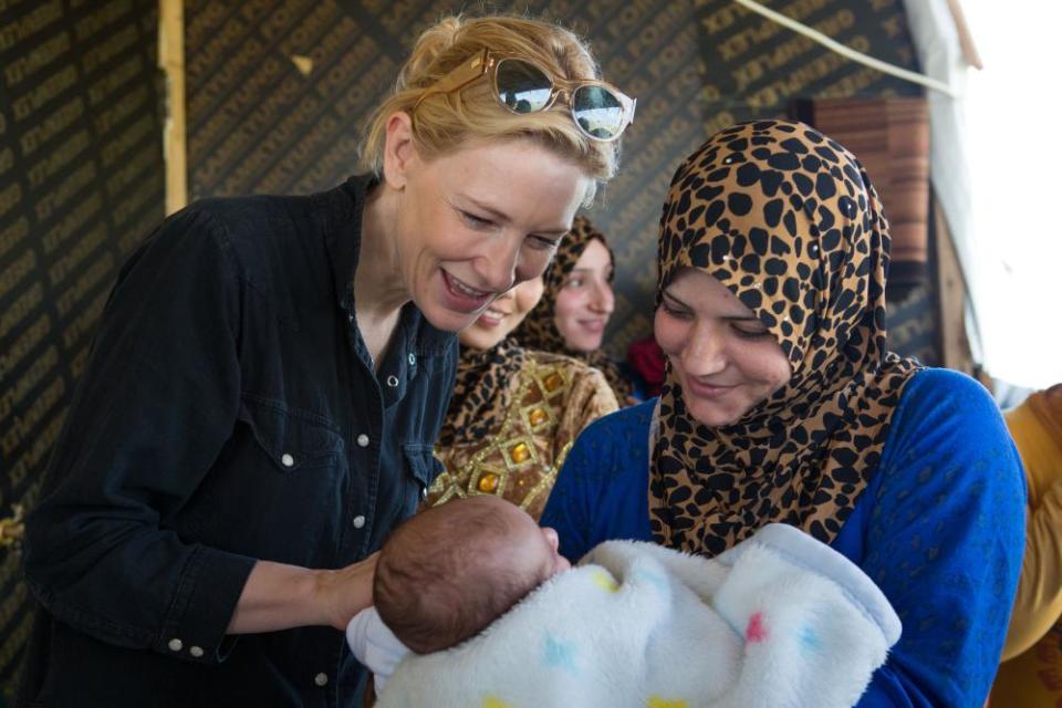 Cate Blanchett (left) at a humanitarian operation for people displaced by the conflict in Syria