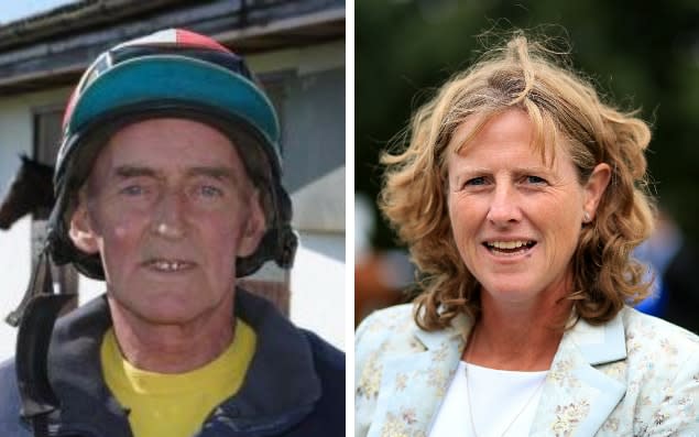 Pictured: Ken Dooley (L) the stable lad killed at Kempton, and Amanda Perrett, his employer and well-known trainer