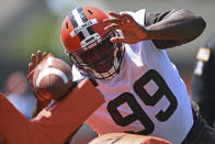 Cleveland Browns defensive linemen Andrew Billings (99) participates in a drill during an NFL football practice at the team training facility, Tuesday, June 15, 2021 in Berea, Ohio. (AP Photo/David Dermer)