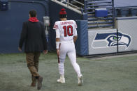 San Francisco 49ers quarterback Jimmy Garoppolo (10) walks to the locker room during the second half of an NFL football game against the Seattle Seahawks, Sunday, Nov. 1, 2020, in Seattle. (AP Photo/Scott Eklund)