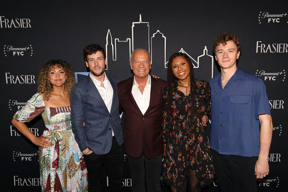 (L-R) Jess Salgueiro, Jack Cutmore-Scott, Kelsey Grammer, Toks Olagundoye, and Anders Keith attend the "Frasier" FYC Event In LA at Linwood Dunn Theater on April 09, 2024 in Los Angeles, California.