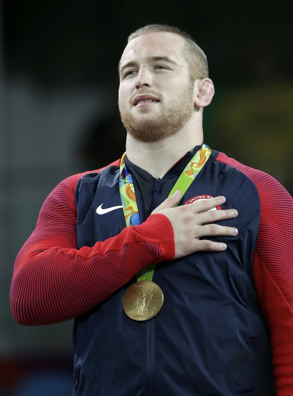 <p>United States’ Kyle Frederick Snyder listens to his country’s anthem with his gold medal after the men’s 97-kg freestyle gold medal wrestling match at the 2016 Summer Olympics in Rio de Janeiro, Brazil, Saturday, Aug. 20, 2016. (AP) </p>