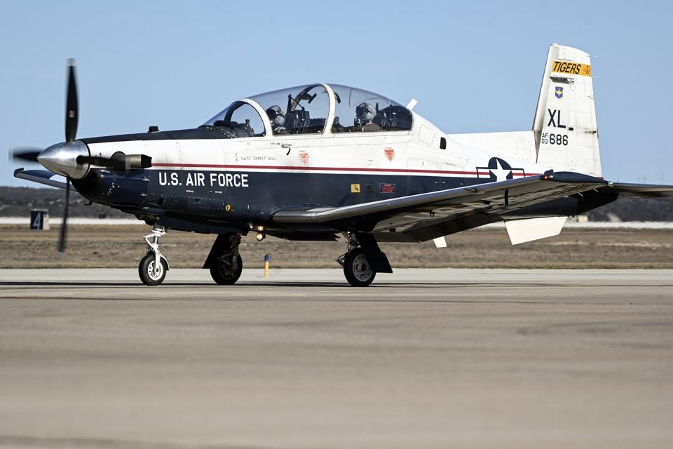 <p>Airman 1st Class Keira Rossman/U.S. Air Force via AP</p> A U.S. Air Force T-6A Texan II 