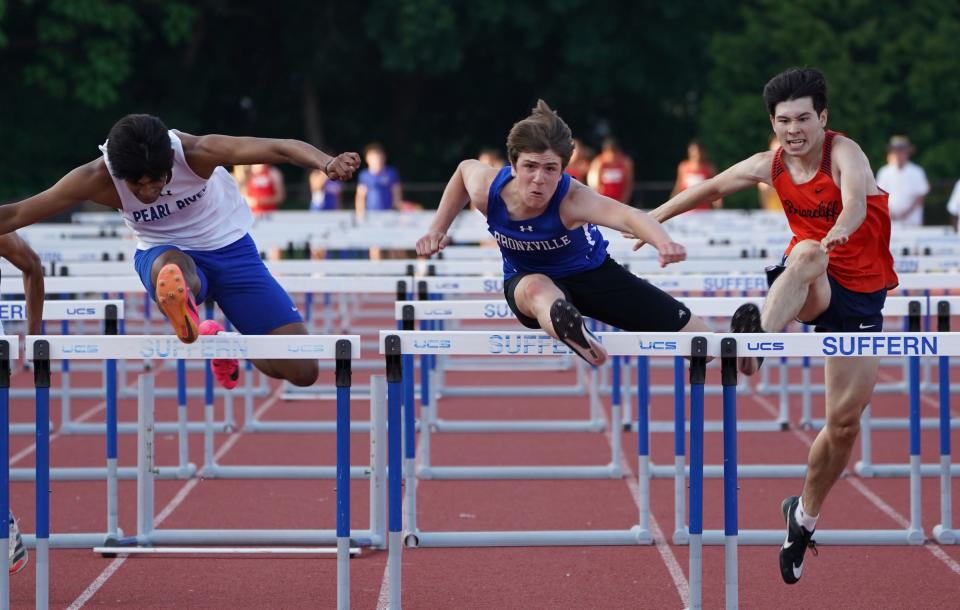 Bronxville's Wyatt Gravier runa a 15.69 time in the 110-meter hurdles at the Section 1 state track & field qualifing meet at Suffern Middle School on Thursday, June 1, 2023.