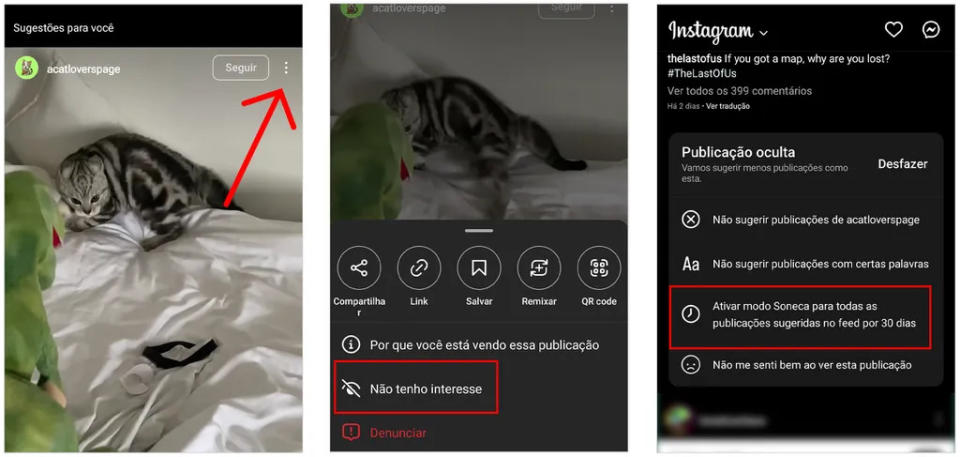 Acesse as opções da publicação para remover sugestões do feed no Instagram (Imagem: Captura de tela/André Magalhães/Canaltech)