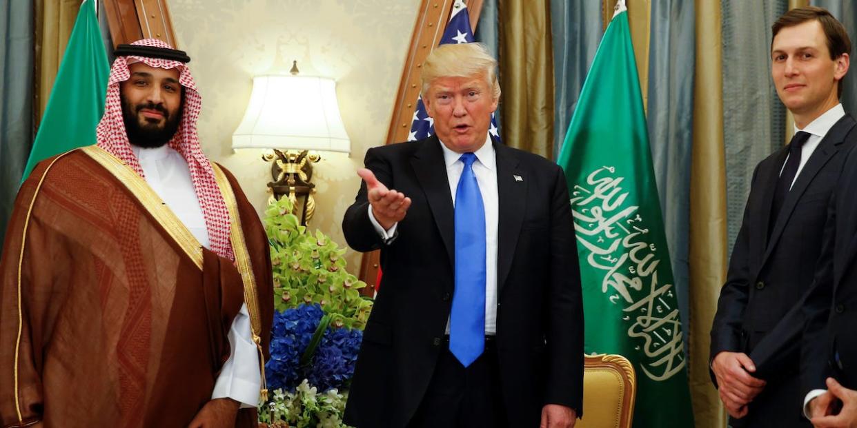 U.S. President Donald Trump, flanked by White House senior advisor Jared Kushner, meets with Saudi Arabia's Deputy Crown Prince Mohammed bin Salman.