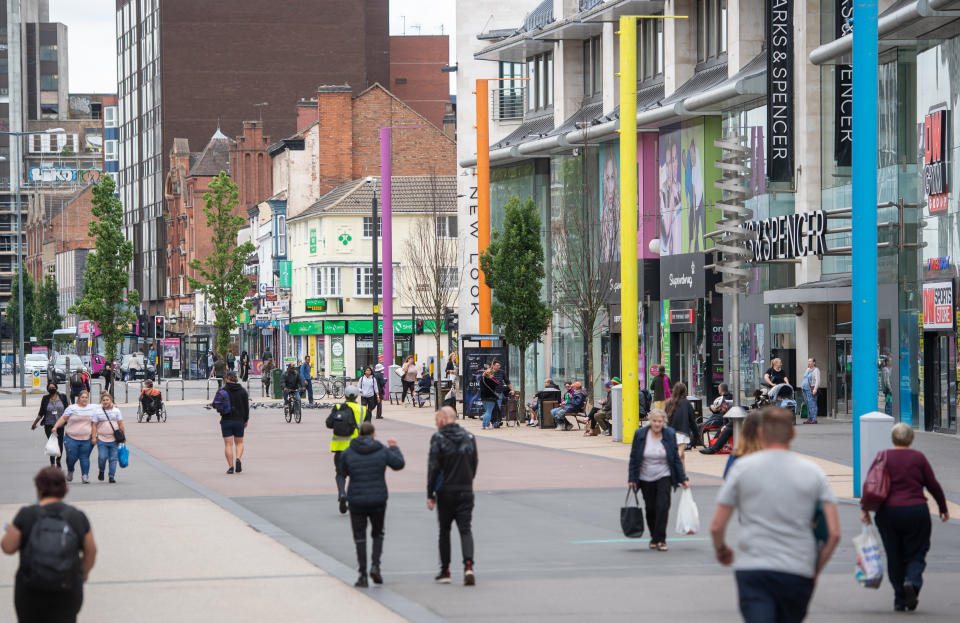 Humberstone Gate in Leicester where localised coronavirus lockdown restrictions have been in place since June 29, with non-essential shops ordered to close and people urged not to travel in or out of the area. (Photo by Joe Giddens/PA Images via Getty Images)