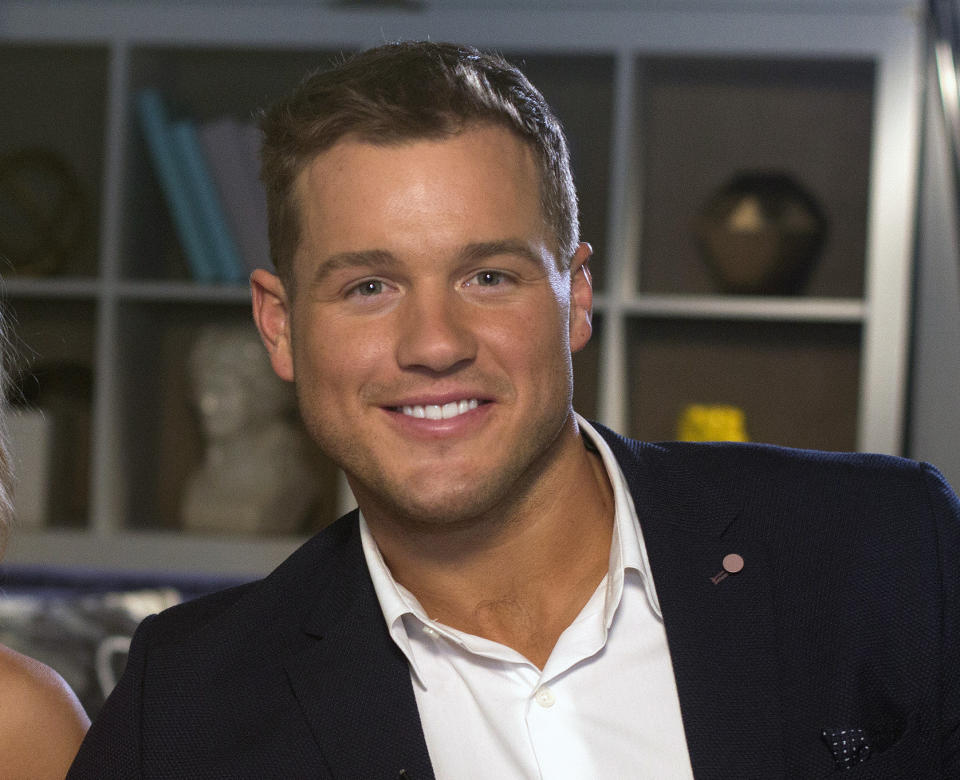 FILE - Colton Underwood from the reality series, "The Bachelor," appears during an interview in New York on March 13, 2019. Underwood, the former football tight end who found fame on “The Bachelor” has revealed that he is gay. (AP Photo/Gary Gerard Hamilton, File)