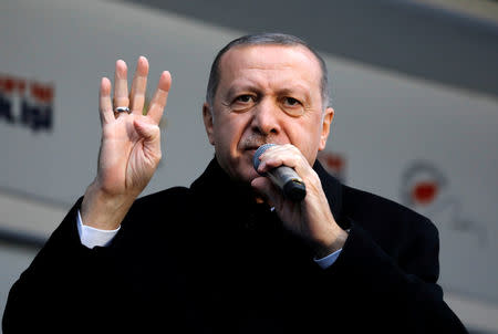 Turkish President Tayyip Erdogan addresses his supporters during a rally for the upcoming local elections in Istanbul, Turkey, February 16, 2019. REUTERS/Umit Bektas