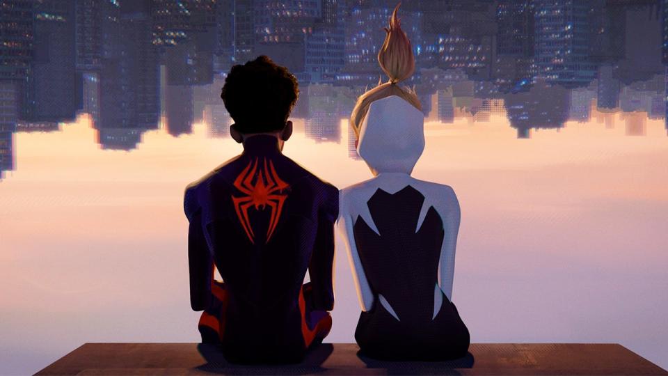 Miles Morales and Gwen Stacy sitting upsidedown