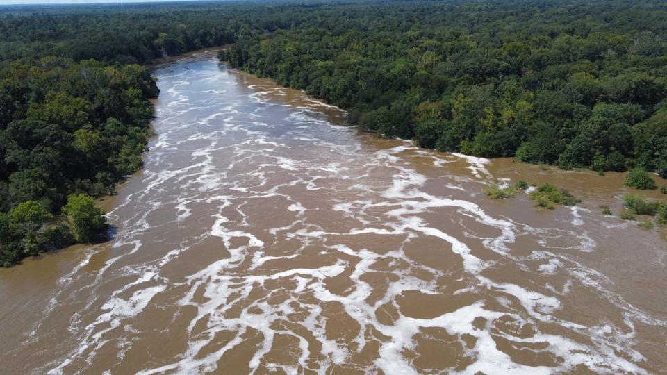 Pearl River at the lower Spillway at the Ross Barnett Reservoir Dam in Brandon, Miss., has risen Sunday, Aug. 28, 2022, but the National Weather Service in Jackson, Miss., now predicts the Pearl to crest at 35.5 feet by Monday morning, below the 36 or more that had been anticipated. The current reading of the Pearl River is 35.12