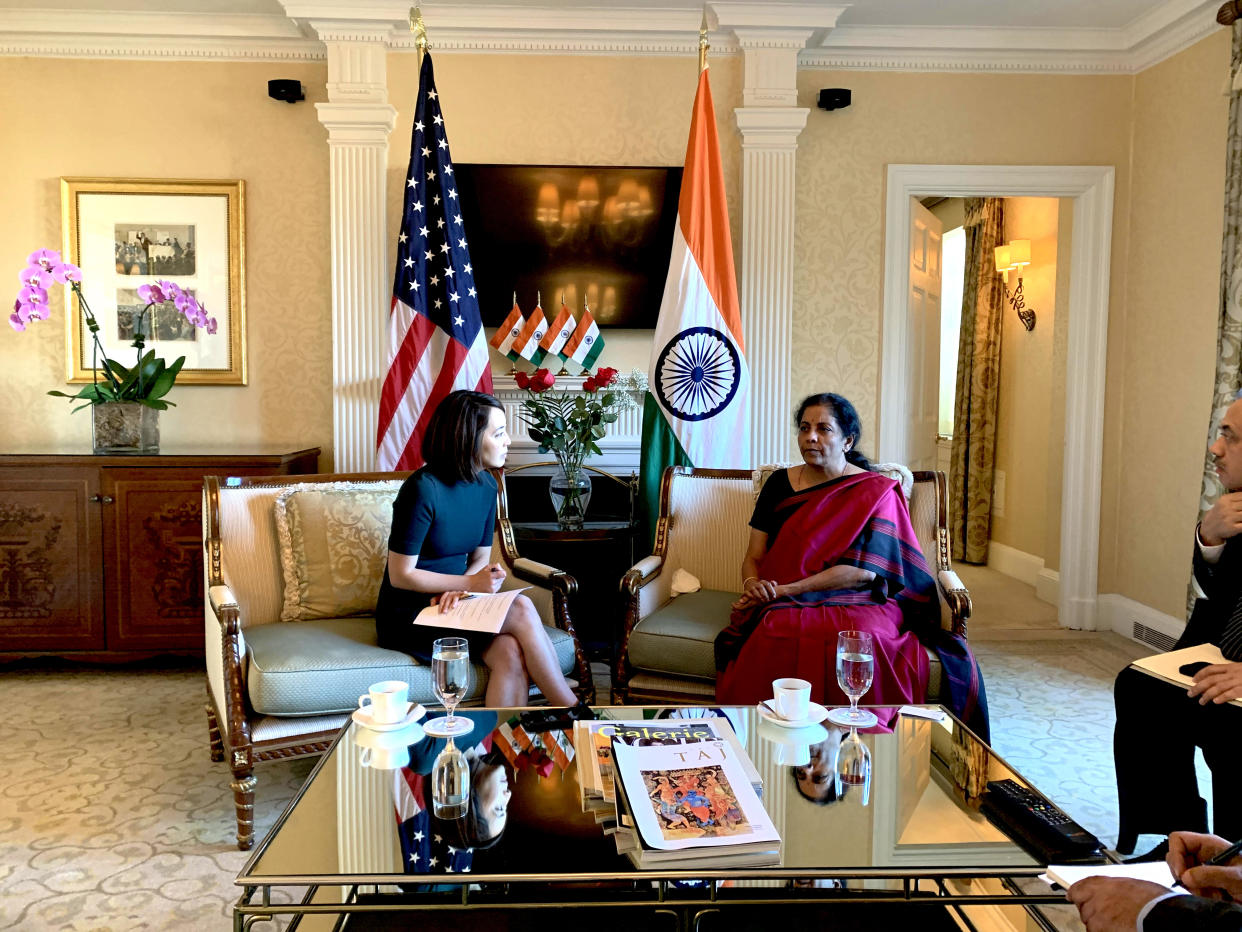 Yahoo Finance reporter Akiko Fujita with Indian Finance Minister Nirmala Sitharaman. (Photo credit: Aarthi Swaminathan/Yahoo Finance)
