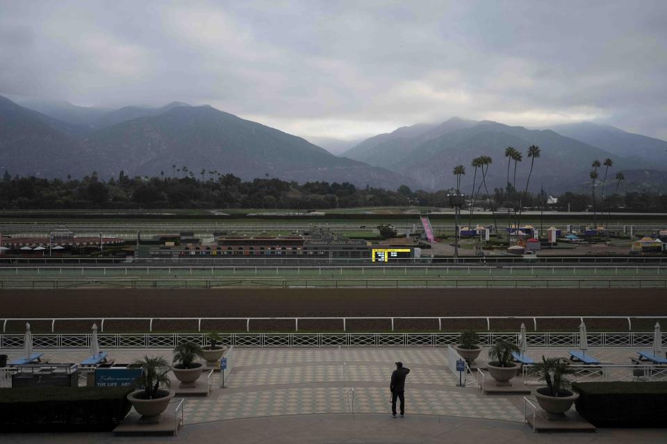 A general view of Santa Anita Park is seen ahead of the Breeders' Cup horse races in Arcadia, Calif., Friday, Oct. 27, 2023. (AP Photo/Jae C. Hong)